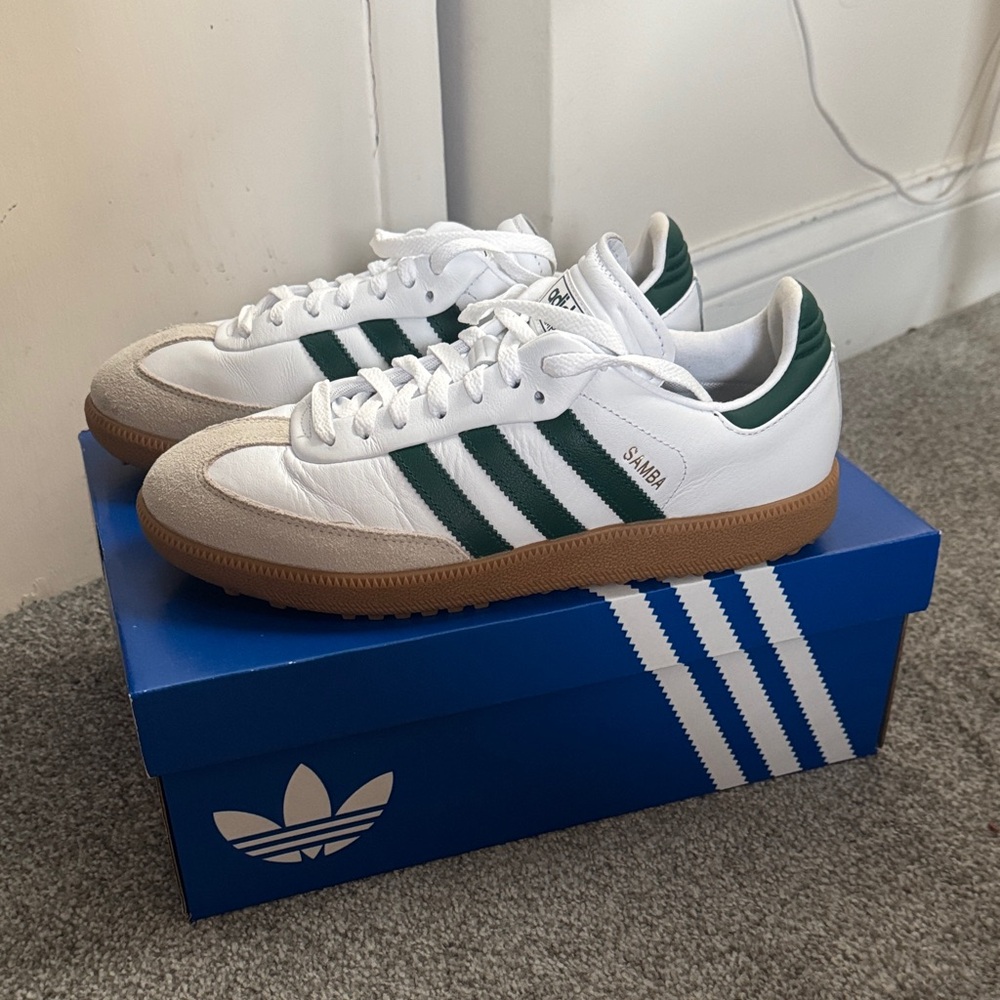 Adidas Samba White and Green Golf Shoes